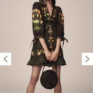 FARM Rio Black Dress with Yellow and Green Floral Design  NWOT